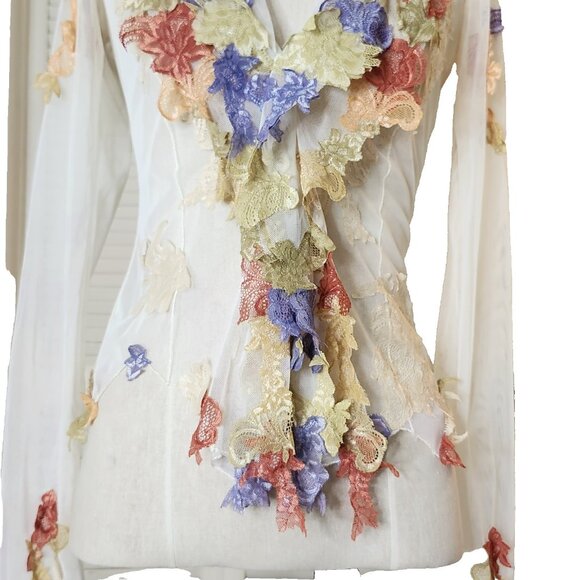 💥WOW! MANDALAY Fairy Sheer Appliqué Ruffled Collar Blouse Top Embellished Y2k - Picture 13 of 16